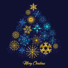 A vector illustration of a Christmas tree decorated with snowflakes in blue and gold