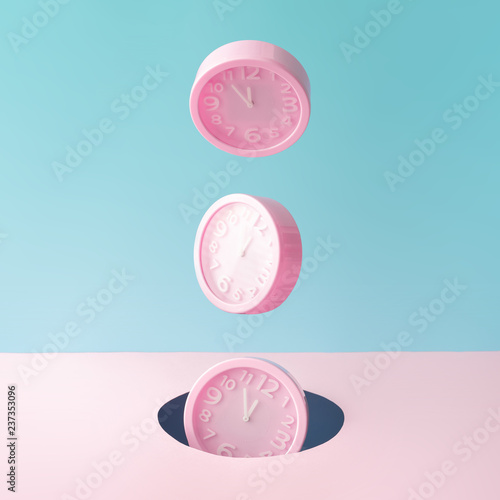 Fotomural Pastel pink wall clocks on blue backdrop falling down