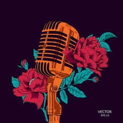 The image of the microphone with flowers. Floral print for clothes. Floral print design with lettering. Greeting card. Vector illustration.