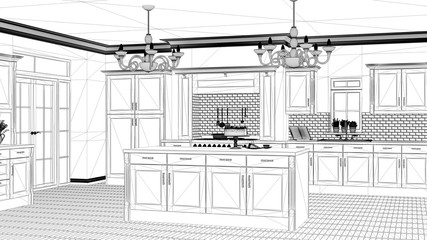 Interior design project, black and white ink sketch, architecture blueprint showing classic vintage luxury kitchen, island with big chandeliers and window, contemporary architecture