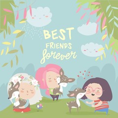 Wall Mural - Funny cartoon girls with cute deer.Best friends