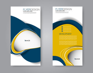 Narrow flyer and leaflet design. Set of two side brochure templates. Vertical banners. Blue and yellow color. Vector illustration mockup.