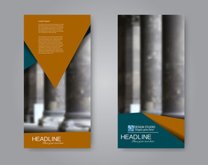 Narrow flyer and leaflet design. Set of two side brochure templates. Vertical banners. Blue and brown color. Vector illustration mockup.