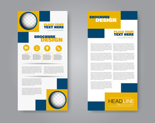 Narrow flyer and leaflet design. Set of two side brochure templates. Vertical banners. Blue and orange color. Vector illustration mockup.