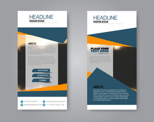 Wall Mural - Narrow flyer and leaflet design. Set of two side brochure templates. Vertical banners. Blue and orange military khaki color. Vector illustration mockup.
