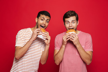 Two cheerful young men standing isolated over red