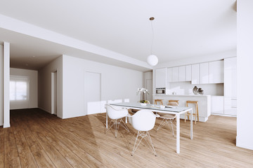 Wall Mural - White Modern Kitchen and Dining Room Furniture in new Minimalistic Interior 3d render