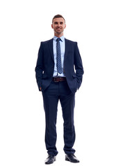 business, people and office concept - happy smiling businessman in suit
