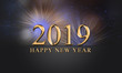 2019 card, New Year's eve illustration. Golden, glowing 2019 Happy New Year text  with fireworks and blurry, colorful lights on grey background.