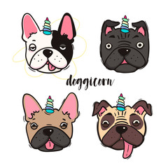 Wall Mural - Doggicorn. Cute pugs and french bulldogs with unicorn horn. Various emotions. Hand drawn colored vector set. All elements are isolated