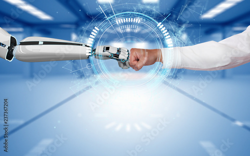 Fotomural Businessman Robot Fist Bump Connection HUD Network