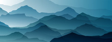 Beautiful Mountain Landscape, Abstract Vector Background For Design, Of Blue Color