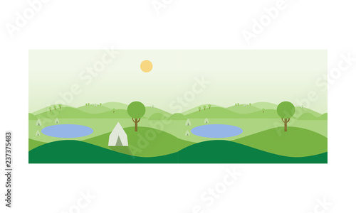 Beautiful Summer Landscape With Green Meadows Ponds And A Tent