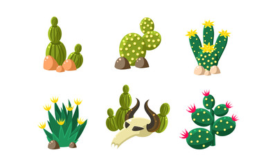 Sticker - Cactuses and buffalo skull set, design elements of desert landscape, wild west objects vector Illustration on a white background