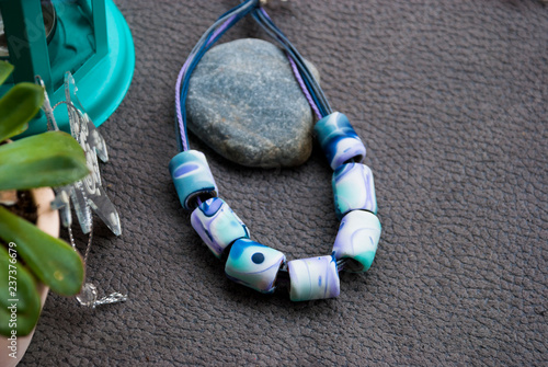 Fotografía Handmade boho style blue winter beads necklace of polymer clay