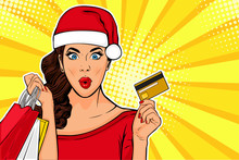2019 New Year Sales Postcard Or Greeting Card. WOW Sexy Young Girl With Bags And Credit Card. Vector Illustration In Pop Art Retro Comic Style