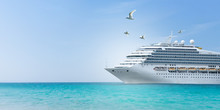 Aerial View Of Beautiful White Cruise Ship Above Luxury Cruise Concept Tourism Travel On Summer Holiday Vacation Time.