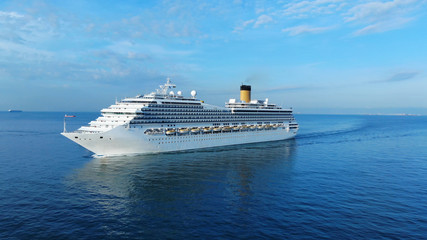 Wall Mural - aerial view of beautiful white cruise ship above luxury cruise concept tourism travel on summer holi