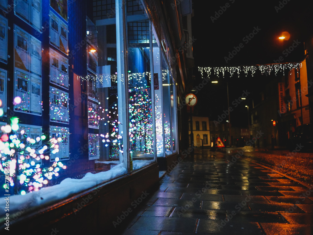 rainbow christmas tree reflections in window - obrazy, fototapety, plakaty 