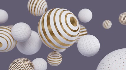 Wall Mural - flying white spheres with golden lines. abstract background with 3d geometric shapes. modern templat