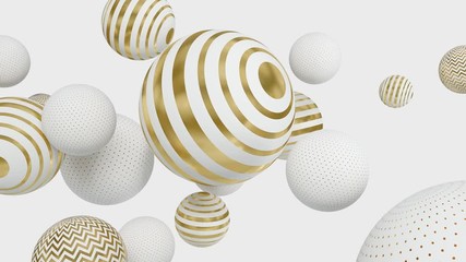 Wall Mural - flying white spheres with golden lines. abstract background with 3d geometric shapes. modern templat
