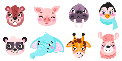  Set of vector animals in cartoon style. Cute smiley pig, panda, beaver, walrus, penguin, elephant, giraffe, llama. Cute animal faces. Hand drawn characters. Vector illustration.