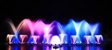 Decoration Or Show Of  Colorful Of Fountain On Father Day At Dokkrai Reservoir In Rayong Province Thailand