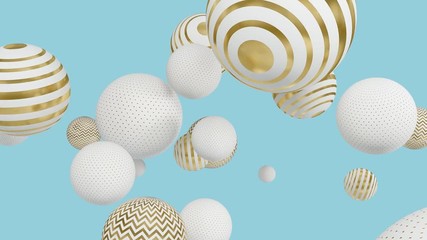 Wall Mural - flying white spheres with golden lines on a blue background. abstract background with 3d geometric s