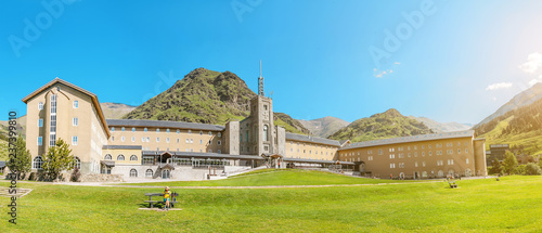 Fotomural Vall de Nuria Sanctuary hotel building in the catalan pyrenees mountains, Spain