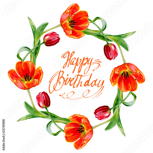 Amazing Red Tulip Flower Happy Birthday Handwriting Monogram Calligraphy Watercolor Background Frame Wreath Stock Illustration Adobe Stock amazing red tulip flower happy