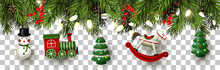 Christmas Border With Branches And Wooden Toys