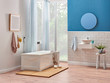 Modern bath room, tub, sink and mirror on the wall, Decorative style towel frame and curtain, forest view.