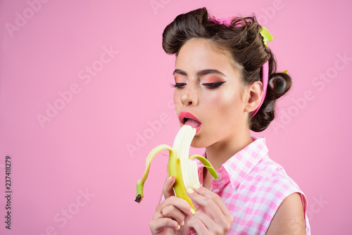 Retro Woman Eating Banana Pinup Girl With Fashion Hair Banana