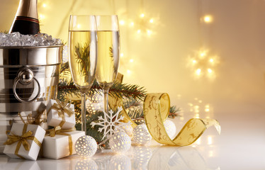 Champagne and Christmas and New Year decorations