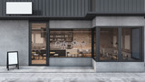 Fototapeta Do przedpokoju - Front view Cafe shop & Restaurant design. Modern Loft metal sheet black. wall concrete,windows black metal frame- 3D render