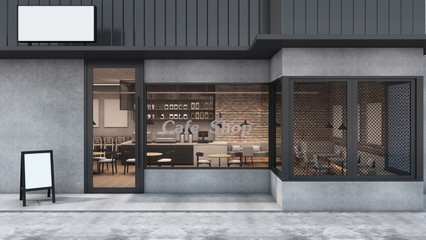front view cafe shop & restaurant design. modern loft metal sheet black. wall concrete,windows black
