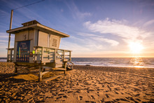 Lifeguard Tower On One Of The Sandy Malibu Beaches; Beautiful Sunset Light; Pacific Ocean Coastline, California