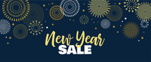 Sale Banner Background For New Year Shopping Sale. Happy New Year Sale Lettering On Sky Full Of Gold Fireworks. Design With For Web Online Store Or Shop Promo Offer