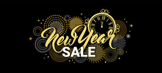 Wall Mural - Happy New Year sale banner. vector illustration with Fireworks black Background. Vector Holiday Design for Premium Greeting Card, Party Invitation, web online store or shop promo offer