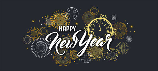 Wall Mural - Happy New Year Background with golden fireworks. Gold and black card and banner, festive invitation, calendar poster or promo banner.