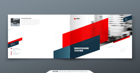 Wall Mural - Landscape Brochure design. Red corporate business template brochure, report, catalog, magazine. Brochure layout modern with dynamic shape abstract background. Creative brochure vector concept