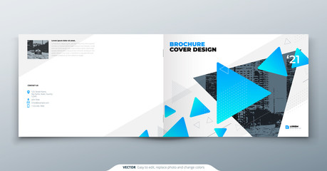 Wall Mural - Landscape Brochure design. Blue corporate business template brochure, report, catalog, magazine. Brochure layout modern with dynamic shape abstract background. Creative brochure vector concept