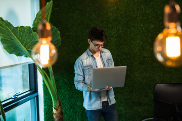 Wall Mural - Young man using laptop in modern office ambient