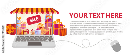 Horizontal Banner With Gift Boxes Sale Inside Laptop Decorated As
