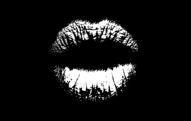 Lips icon. A beautiful imprint of lips on a black background. Woman concept. Makeup artist. Sensual lips black and white. Love and seduction. Emotional lips, cosmetics and fashion, female theme.