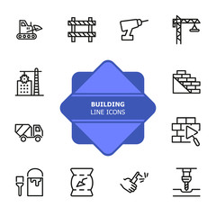 Sticker - Building line icons. Set of line icons on white background. Building blocks, cement, truckload. Construction concept. Vector illustration can be used for topics like building, house, development