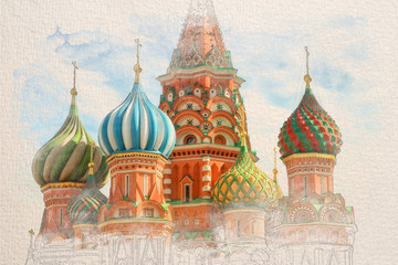 Fototapete - Stylized by watercolor sketch painting of St. Basil Cathedral, Red Square, Moscow, on a textured paper. Retro style postcard.