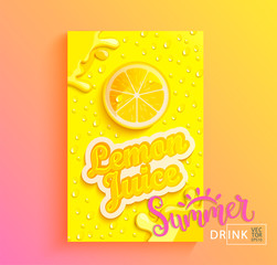 Wall Mural - Fresh lemon juice banner with drops from condensation, splashing and fruit slice on gradient hot summer background for brand,logo, template,label,emblem,store,packaging,advertising.Vector illustration