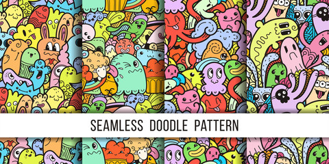 Collection of funny doodle monsters seamless pattern for prints, designs and coloring books