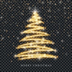 Wall Mural - Stylized gold Merry Christmas tree silhouette from shiny circle particles on black transparent background. Vector golden christmas fir illustration eps10